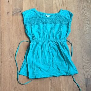 Motherhood Teal Crochet Yoke Tie-Waist Tunic